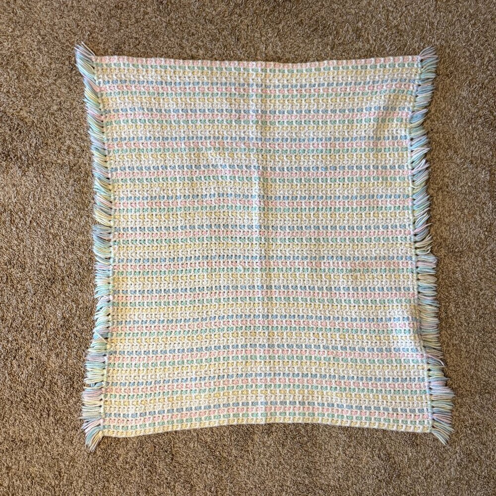 Handmade gender neutral colorful fringe knitted baby blanket